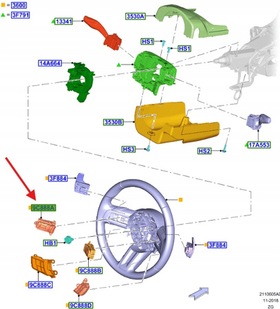 PRZEŁĄCZNIK KIEROWNICY LEWY GÓRNY FORD MUSTANG 17- 2150670 _ JR3T-9E740-AA3