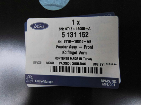 BŁOTNIK PRZEDNI LEWY FORD TRANSIT CONNECT 2002-13 _ 5131152 _ 9T16-16016-AB 