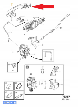 Lewa klamka z podświetleniem Volvo OE 39842713