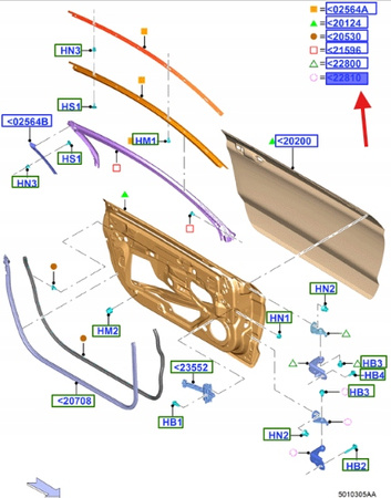 ZAWIAS DRZWI PRAWY DÓŁ FORD MUSTANG 2015- 2023- 2271299 _ FR3B-6322810-BA