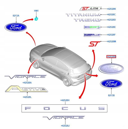 EMBLEMAT FORD FOCUS Mk3-4/FIESTA Mk8/ECOSPORT Mk2 _ 1947613 _ F1EB-402A16-AB 