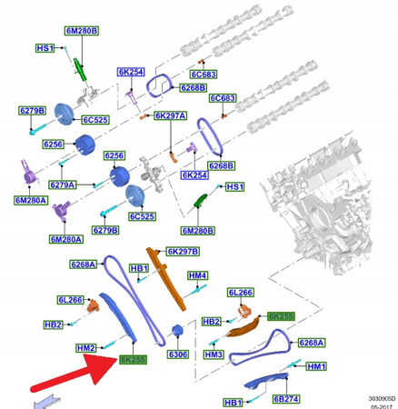 ŚLIZG ŁAŃCUCHA ROZRZĄDU 5.0 FORD MUSTANG 2017- 23- 2638405 _ JL3E-6K255-CB