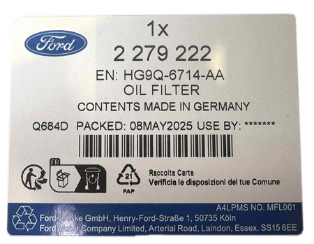 FILTR OLEJU 2.0 ECOBLUE FORD MONDEO SMAX GALAXY 18- 2279222 _ HG9Q-6714-AA