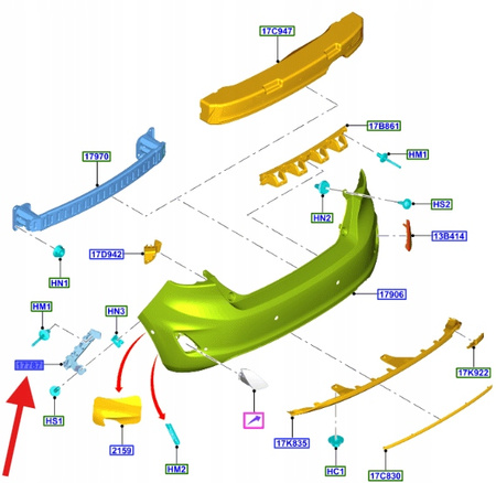 ŚLIZG UCHWYT ZDERZAKA LEWY TYŁ FORD FIESTA 2017- 2147311 _ H1BB-17A882-A1E