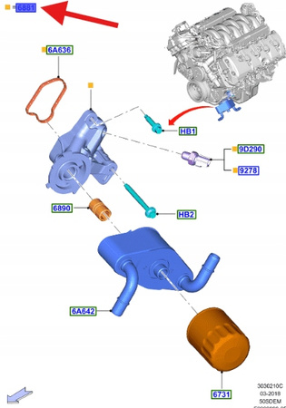 ADAPTER FILTRA OLEJU 5.0 V8 FORD MUSTANG 2015- OE 2377983 _ FR3E-6881-JE