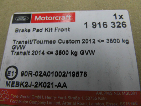 KLOCKI HAMULCOWE PRZÓD TRANSIT 2014- CUSTOM 12- 1916326 _ MEBK2J-2K021-AA