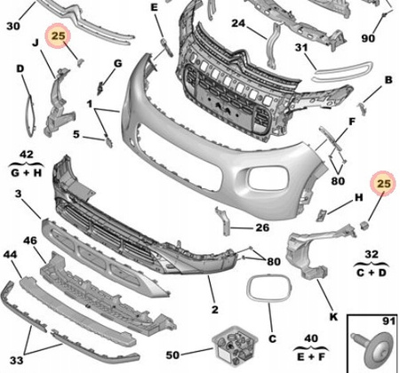 Wspornik prawy kratki zderzaka Citroen C3 Aircross OE YQ00186780