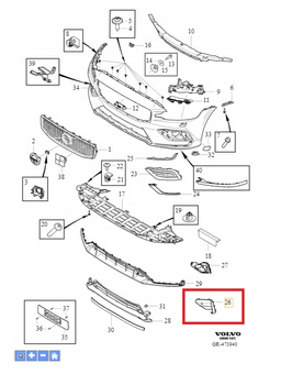 PRAWA KRATKA ZDERZAKA PRZÓD VOLVO S60 V60 2019- PDC R-Design OE 31455563