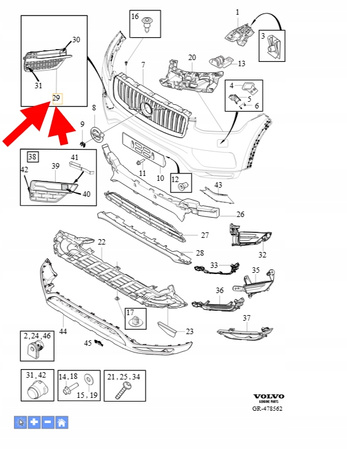 KRATKA ZDERZAKA CHROM LEWY PRZÓD VOLVO XC90 2016-2019 OEM/OE 31383866