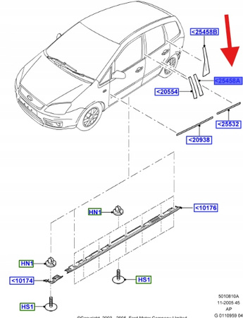 LISTWA PIONOWA DRZWI LEWY TYŁ FORD C-MAX 2003- OE 1360894 _ 3M51-R254A41-AG