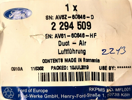 PRZEWÓD INTERCOOLERA 1.5 1.6L TDCi FORD FOCUS C-MAX 2294509 _  AV61-6C646-HF