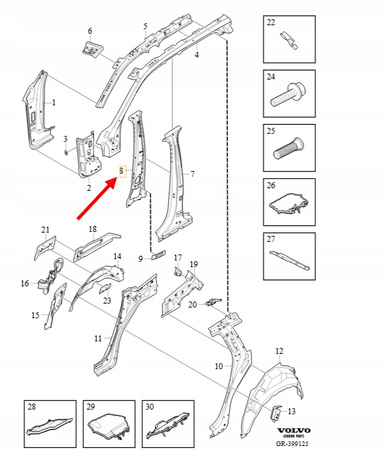 WEWNĘTRZNY SŁUPEK B LEWY VOLVO XC90 2016- OEM/OE 32379741