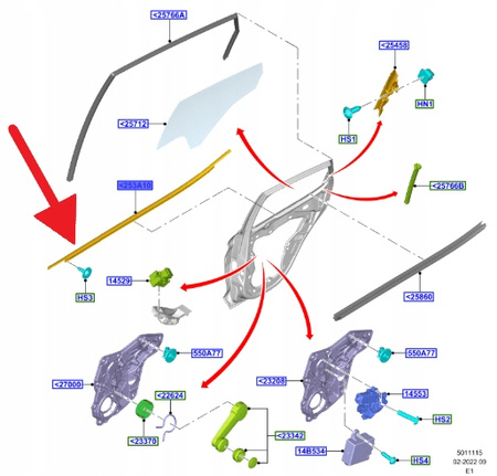 LISTWA ZGARNIAJĄCA SZYBY DRZWI LEWY TYŁ FIESTA 17- 2338064 _ H1BB-A25605-AG