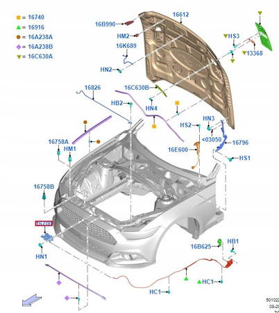 ZAMEK POKRYWY SILNIKA FORD MUSTANG Mk6 2017- _ 2272162 _ JR3A-16700-AE