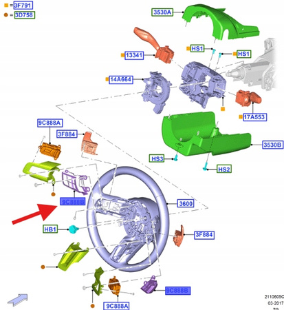 PRZEŁĄCZNIK KIEROWNICY LEWY DOLNY FORD MUSTANG 17- 2161896 _ JR3T-9E740-FA3