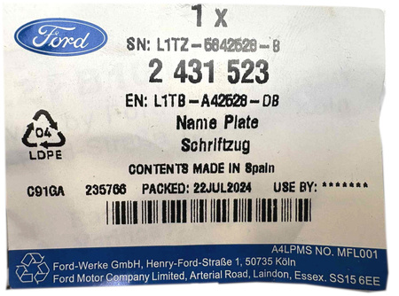 EMBLEMAT "ECOBOOST HYBRID" PUMA FOCUS FIESTA 2020- 2431523 _ L1TB-A42528-DB