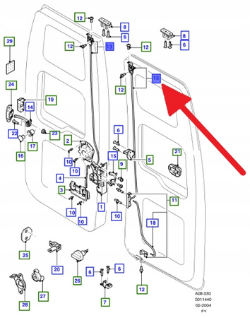 ZACZEP GÓRNY DRZWI LEWYCH TYŁ FORD TRANSIT 2000- 1494096 _ YC15-V43287-BH