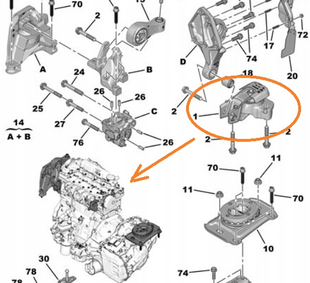 PODUSZKA TYLNA SILNIKA 2,0D Citroen OE C4 JUMPY OE 9804890680