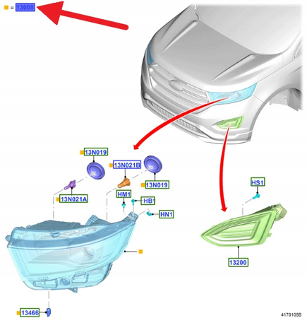 REFLEKTOR PRAWY PRZÓD FORD EDGE Mk2 2015- 18 OE 2066679 _ FT4B-13W029-AF