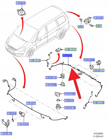 WIĄZKA CZUJNIKÓW PARKOWANIA TYŁ FORD GALAXY 2010- 1800946 _ AG9T-15K868-JG