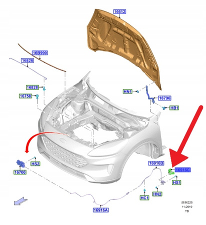RĄCZKA OTWIERANIA MASKI FORD FOCUS KUGA 2020- 2569173 _ JX7B-16C856-BB3JA6