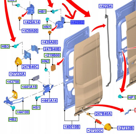 ZAWIAS DRZWI PRAWY TYŁ FORD TRANSIT MK8 2017-18 OE_2228790_BK31-V42982-AN