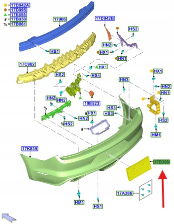 UCHWYT TABLICY TYŁ FORD MUSTANG 2015- 2017 OE 1940378 _ GR3B-17A950-CD