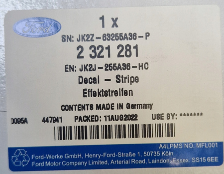 NAKLEJKA DRZWI BAGAŻNIKA FORD TOURNEO CUSTOM OE 2321281 _ JK2J-255A36-HC