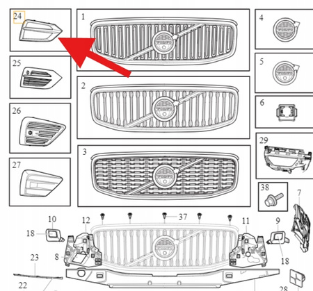 PRAWA KRATKA ZDERZAKA PRZÓD PDC VOLVO XC60 2018- OE 31425188