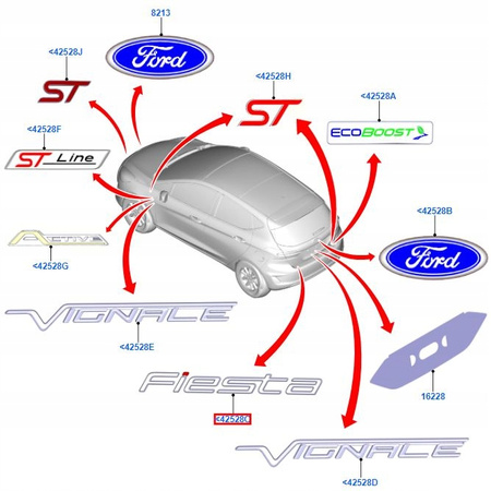 EMBLEMAT ZNACZEK NAPIS FORD FIESTA Mk8 2017-2018 _ 2345239 _ H1BB-A42528-BA