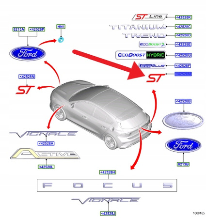 EMBLEMAT NAPIS "ST" TYŁ FORD FOCUS ST Mk4 2019- OE 2371149 _ KX7B-42528-AA