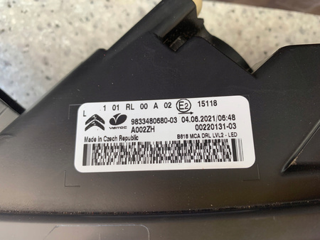 ŚWIATŁO DO JAZDY DZIENNEJ LEWE LED CITROEN C3 OE 9833480680