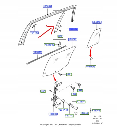 PROWADNICA SZYBY DRZWI TYLNYCH FORD FUSION 200-12_1303100_2N11-N257K46-AH