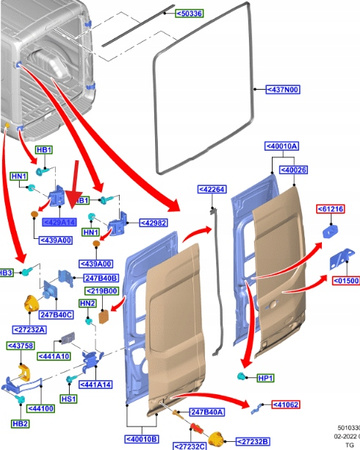 ZAWIAS DOLNY LEWY DRZWI TYŁ FORD TRANSIT 2018- OE 2380935 _ HK31-V429A14-AD